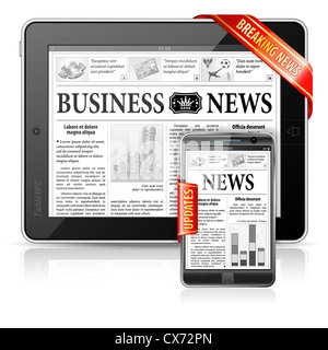Ultime notizie concetto con Business giornale su schermo PC tablet e smartphone con aggiornamenti, vettore Foto Stock