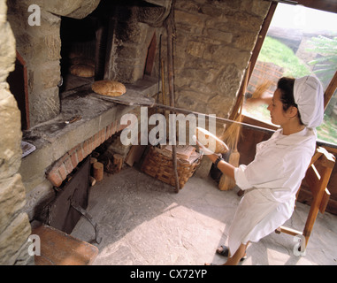 Ancora Fattoria La Vialla: Cuoco prendendo il pane al di fuori del forno di mattoni Foto Stock