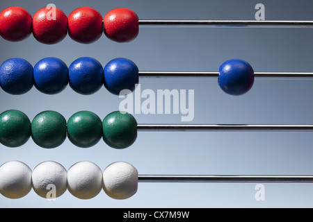 File ordinate di perline colorate su un abaco con un unico cordone blu a lato Foto Stock