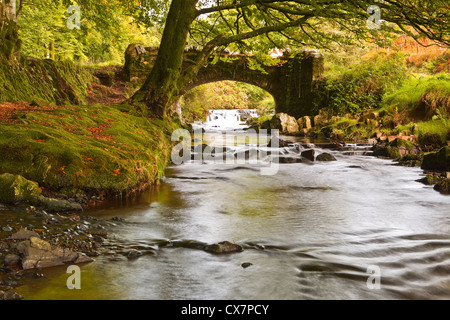 Ladri ponte vicino Oareford nel Doone Valley, Exmoor, Somerset, Inghilterra. Foto Stock