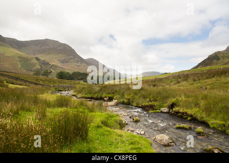 Rocky River porta a Buttermere oltre Honister Pass nel Lake District inglese Foto Stock
