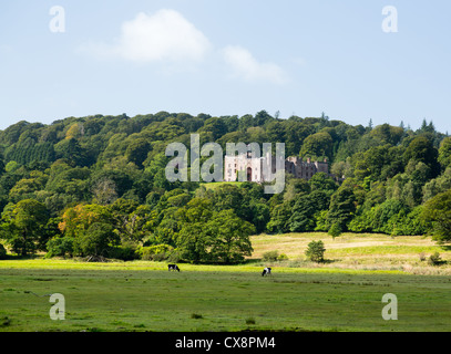 Muncaster Castle si accoccola nel bosco a bordo del Lake District in Inghilterra Foto Stock