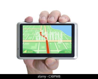 Il dispositivo GPS in mano sul bianco. Foto Stock
