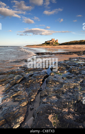 Nel tardo pomeriggio sole sopra il castello di Bamburgh sulla costa di Northumberland. Foto Stock