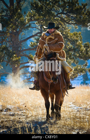 Cowboy a cavallo in un ranch nel nord-est del Wyoming Foto Stock