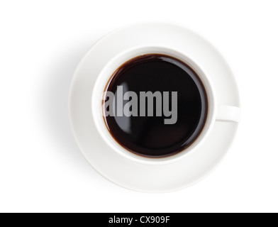 Vista dall'alto nero della tazza di caffè isolato su bianco Foto Stock