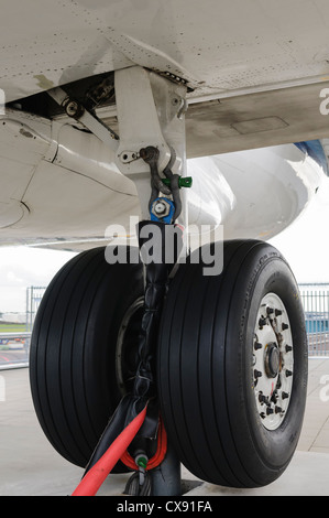 Parte posteriore del carrello di atterraggio di un KLM Fokker 100 Foto Stock