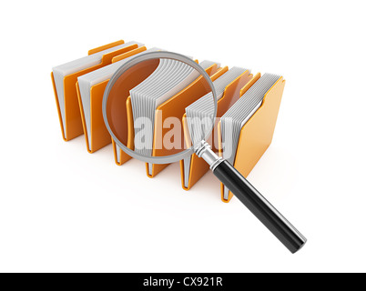 3d illustrazione delle cartelle del computer con lente di ingrandimento, vetro Foto Stock