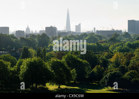 Lo skyline di Londra in lontananza, l'edificio Shard, la Cattedrale di St Pauls. Green London, guardando a sud da Primrose Hill attraverso Regents Park. HOMER SYKES Foto Stock