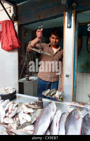 Il nepalese uomo la vendita e la pesatura di pesce in un negozio, Kathmandu, Nepal Foto Stock