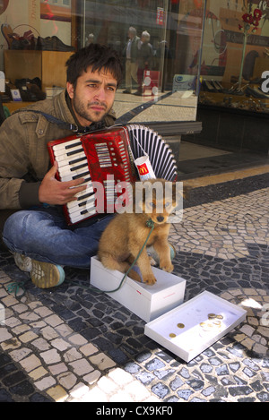 Busker con un cucciolo di Lisbona, in Portogallo. Foto Stock