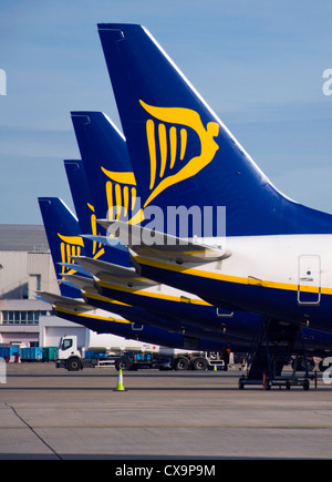 Aerei Ryanair sul supporto che mostra tailfin o logo di vela Foto Stock