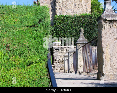 Visualizzare fino alla zona circostante e proteggendo la piscina nei giardini dell'Alcazar. Foto Stock