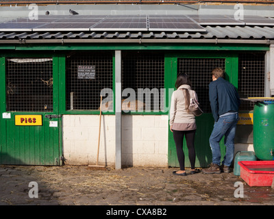 Le famiglie in visita a l'Hackney City Farm in East London, Regno Unito Foto Stock