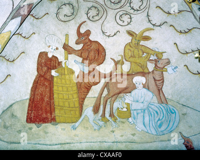 Xvi secolo raffigurante murale cornuto diavoli e la medievale chiesa di San Lorenzo di Lohja, Finlandia Foto Stock