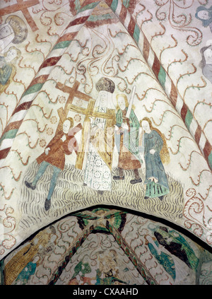 Soffitto a volta con dipinto al secco murales nel xv secolo medievale chiesa di San Lorenzo di Lohja, Finlandia Foto Stock