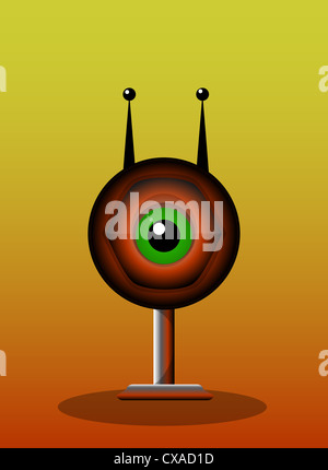One-Eyed creatura, mostro rosso, grande Alien occhio con antenne e Stand, illustrazione vettoriale Foto Stock