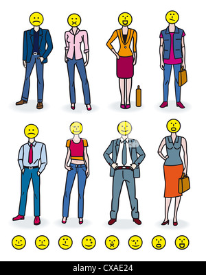 Set di otto caratteri, business gli uomini e le donne d'affari, le cui facce sono le emoticon che rappresentano le diverse emozioni come felicità, Foto Stock