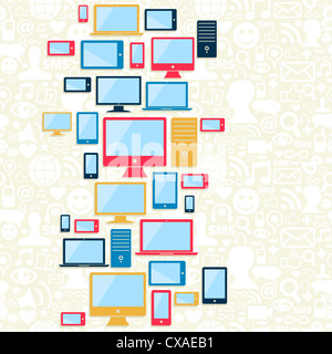 Gadget icone seamless pattern su social media sfondo. Illustrazione Vettoriale stratificata per una facile manipolazione e colorazione personalizzata. Foto Stock