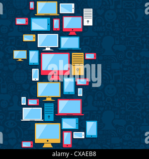 Dispositivi multicolore icone seamless pattern su social media sfondo blu. Illustrazione Vettoriale stratificata per una facile manipolazione e colorazione personalizzata. Foto Stock