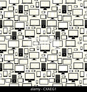 Nero icone gadget seamless pattern su social media sfondo. Illustrazione Vettoriale stratificata per una facile manipolazione e colorazione personalizzata. Foto Stock