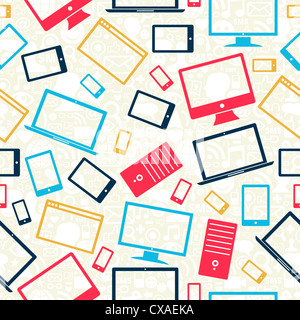 Gadget multicolore icone seamless pattern su social media sfondo. Illustrazione Vettoriale stratificata per una facile manipolazione e colorazione personalizzata. Foto Stock