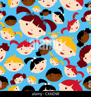 La diversità dei bambini facce pattern seamless sfondo. Illustrazione Vettoriale stratificata per una facile manipolazione e colorazione personalizzata. Foto Stock