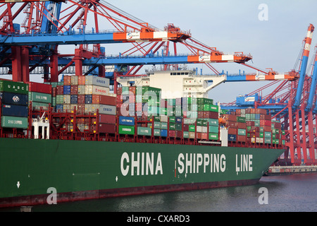 Contenitore nave al terminale per container dal porto di Amburgo, Germania, Europa Foto Stock