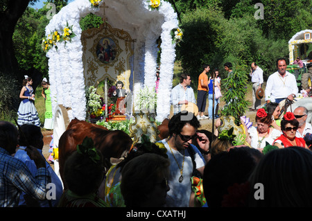 Folla segue carrello trainato da due buoi su Romeria. Foto Stock