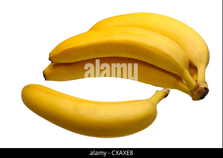 Cinque banane giallo su sfondo bianco, isolata. Foto Stock