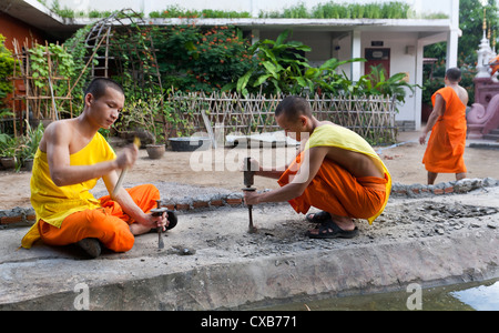 Il debuttante lavorano per costruire un laghetto al Wat Chet Tempio Lin Chiang Mai Thailandia Foto Stock