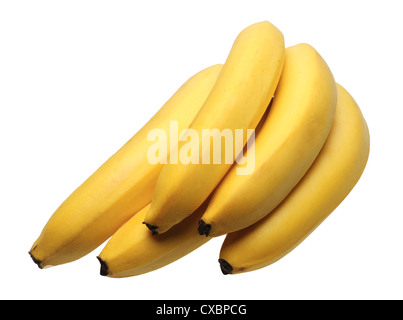 Cinque banane giallo su sfondo bianco, isolata. Foto Stock