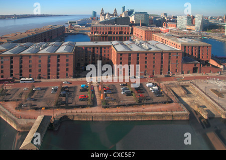 Albert Dock e Mersey skyline dalla grande ruota, Liverpool, Merseyside England, Regno Unito, Europa Foto Stock