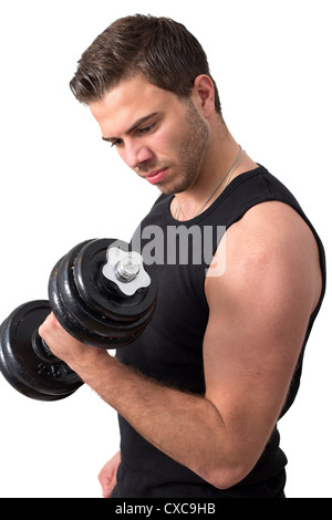 Giovane uomo attraente pesi di pompaggio in un serbatoio nero top Foto Stock