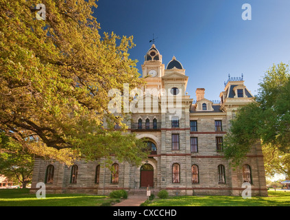 Goliad County Courthouse (secondo impero/neo-gotico), appeso Tree live oak sulla sinistra in Goliad, Texas, Stati Uniti d'America Foto Stock