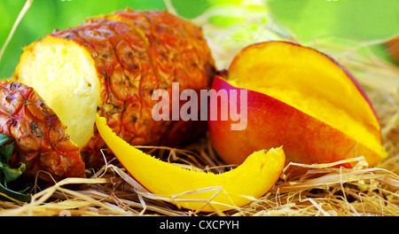 Ananas e mango sul tavolo Foto Stock