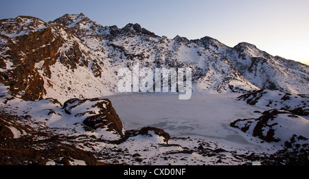 Lago ghiacciato a Gosaikunda, una alta altitudine stop per il trekking in Himalaya, Nepal Foto Stock