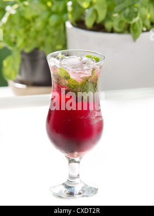 Rosso di succo di frutta di cubetti di ghiaccio su una zecca Foto Stock