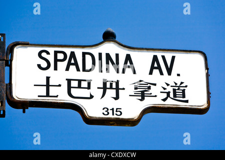 Spadina Avenue street sign in inglese e cinese, Chinatown, Toronto, Ontario, Canada, America del Nord Foto Stock