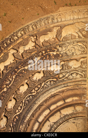 La pietra di luna, Mahasena's Palace, sito Patrimonio Mondiale dell'UNESCO, Anuradhapura, Sri Lanka, Asia Foto Stock