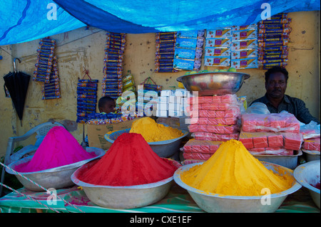 Polveri colorate per la vendita, Channapatna village, Mysore, Karnataka, India, Asia Foto Stock