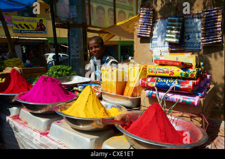 Polveri colorate per la vendita, Channapatna village, Mysore, Karnataka, India, Asia Foto Stock