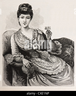 Giovane donna elegante in un bellissimo corpetto abito. vintage illustrazioni incise. La mode illustree 1885, Francia, Parigi Foto Stock