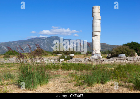 Ireon sito archeologico con la colonna del Tempio di Hera, IREON, SAMOS, ISOLE DELL' EGEO, Grecia Foto Stock