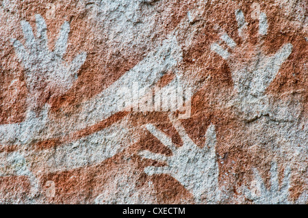 Arte rupestre degli Aborigeni in Carnarvon Gorge. Foto Stock