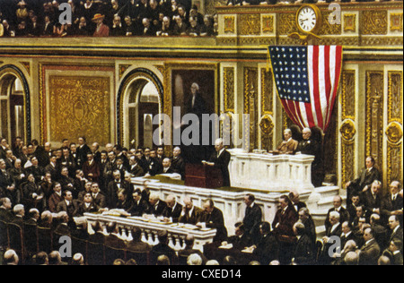 Presidente americano Woodrow Wilson affrontando una sessione speciale del Congresso il 2 aprile 1917, quattro giorni prima che gli Stati Uniti hanno dichiarato guerra Foto Stock