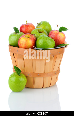 Un cesto di prodotti freschi raccolti Gala e le mele Granny Smith. Formato verticale su uno sfondo bianco con la riflessione. Foto Stock