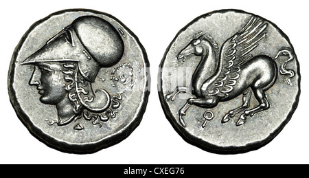Grecia Corinto Starter 400-350 BC (replica) Pegasus con punta ala / testa di Athena indossando il casco corinzio Foto Stock