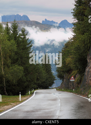 Strada bagnata nelle Alpi Svizzere Foto Stock