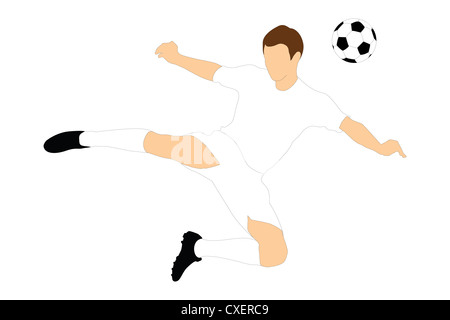Un giocatore di calcio riprese di una sfera con la sua testa isolata su sfondo bianco Foto Stock